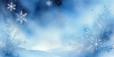 The primary subject of the image is a snowy landscape with a blue sky. The setting includes a mountain range, and the background features a night sky with a few stars. The visual style is a combination of digital art and illustration, creating a serene and peaceful atmosphere. The dominant colors are blue and white, which contribute to the overall mood of the scene.